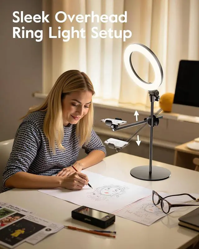 Alt view image 2 of 7 - Ring Light Overhead Camera Mount for Desk,  10.5" Ring Light with Stand for iPhone, Adjustable Overhead Tripod with Shooting Arm & Phone Holder for Video Recording, Content Creation, Cooking
