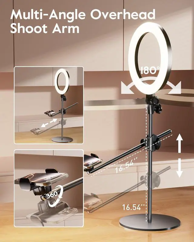Alt view image 5 of 7 - Ring Light Overhead Camera Mount for Desk,  10.5" Ring Light with Stand for iPhone, Adjustable Overhead Tripod with Shooting Arm & Phone Holder for Video Recording, Content Creation, Cooking