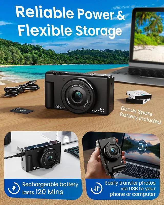 Alt view image 6 of 7 - True 5K Digital Camera for Photography, Autofocus 80MP with 18X Digital Zoom 3" 270°Flip Screen Dual-Lens Selfie Camera for YouTube Vlogging & Content Creation, 2 Batteries, 32GB Card & FlashBlack