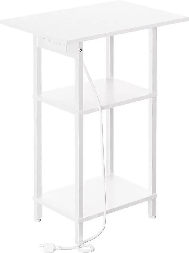 Main image of Tall Side Table with Charging Station, Skinny End Table Nightstand with USB Ports and Outlets, 3 Tier Narrow Side Table with Storage for Bedroom, Living Room, Office, Nursery, White
