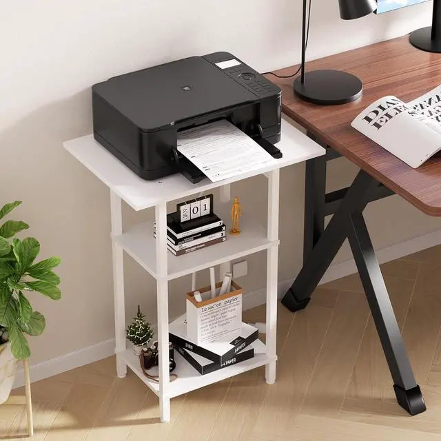 Alt view image 2 of 7 - Tall Side Table with Charging Station, Skinny End Table Nightstand with USB Ports and Outlets, 3 Tier Narrow Side Table with Storage for Bedroom, Living Room, Office, Nursery, White