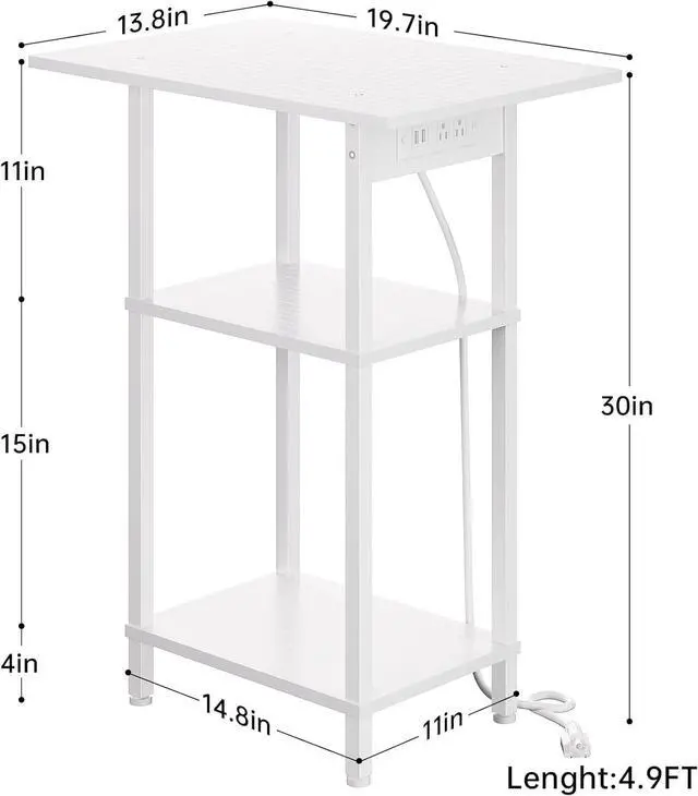 Alt view image 3 of 7 - Tall Side Table with Charging Station, Skinny End Table Nightstand with USB Ports and Outlets, 3 Tier Narrow Side Table with Storage for Bedroom, Living Room, Office, Nursery, White