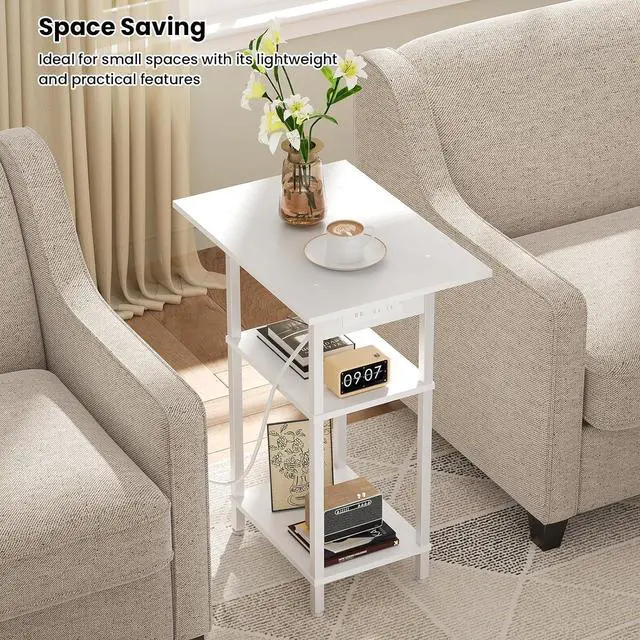 Alt view image 4 of 7 - Tall Side Table with Charging Station, Skinny End Table Nightstand with USB Ports and Outlets, 3 Tier Narrow Side Table with Storage for Bedroom, Living Room, Office, Nursery, White