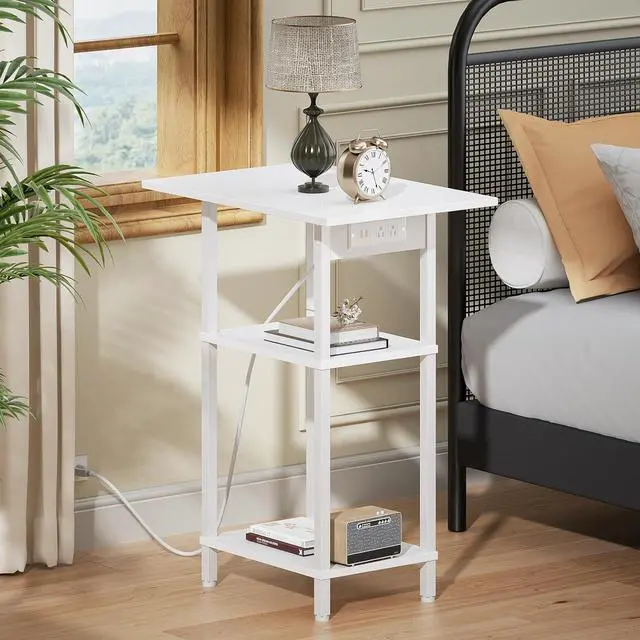 Alt view image 6 of 7 - Tall Side Table with Charging Station, Skinny End Table Nightstand with USB Ports and Outlets, 3 Tier Narrow Side Table with Storage for Bedroom, Living Room, Office, Nursery, White
