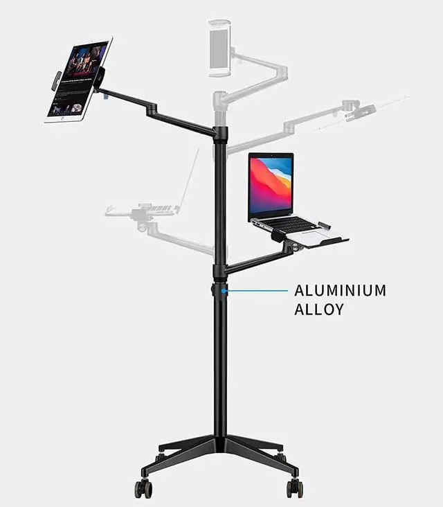 Alt view image 3 of 6 - Triple arm Height Adjustable Stand Mount with Rolling Wheel for Laptop(11-17 inch) and Compatible with ipad iPad pro 12.9 inch/Tablet/Ereader (Black)