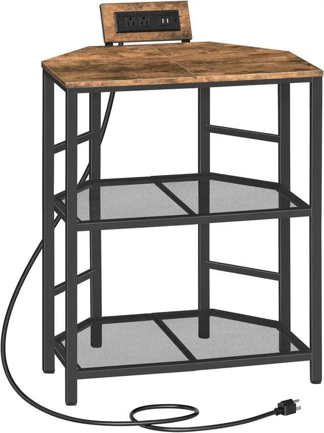 Main image of Corner Printer Stand with Charging Station, 3-Tier Large Printer Table with Adjustable Feet, Metal Frame Storage Shelf for Office, Living Room, Small Space, Rustic Brown PTHR14E01