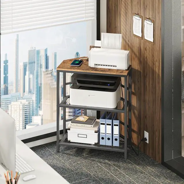 Alt view image 2 of 7 - Corner Printer Stand with Charging Station, 3-Tier Large Printer Table with Adjustable Feet, Metal Frame Storage Shelf for Office, Living Room, Small Space, Rustic Brown PTHR14E01