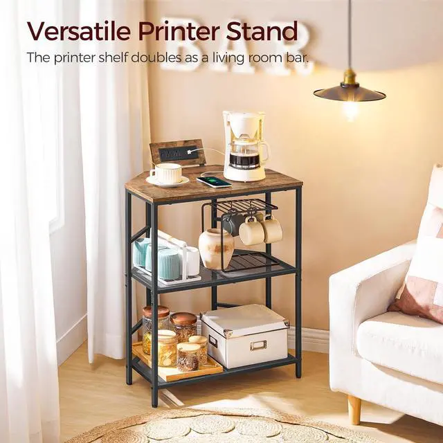 Alt view image 3 of 7 - Corner Printer Stand with Charging Station, 3-Tier Large Printer Table with Adjustable Feet, Metal Frame Storage Shelf for Office, Living Room, Small Space, Rustic Brown PTHR14E01