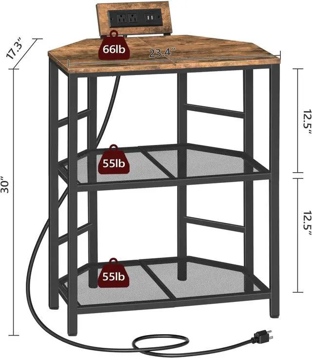Alt view image 4 of 7 - Corner Printer Stand with Charging Station, 3-Tier Large Printer Table with Adjustable Feet, Metal Frame Storage Shelf for Office, Living Room, Small Space, Rustic Brown PTHR14E01