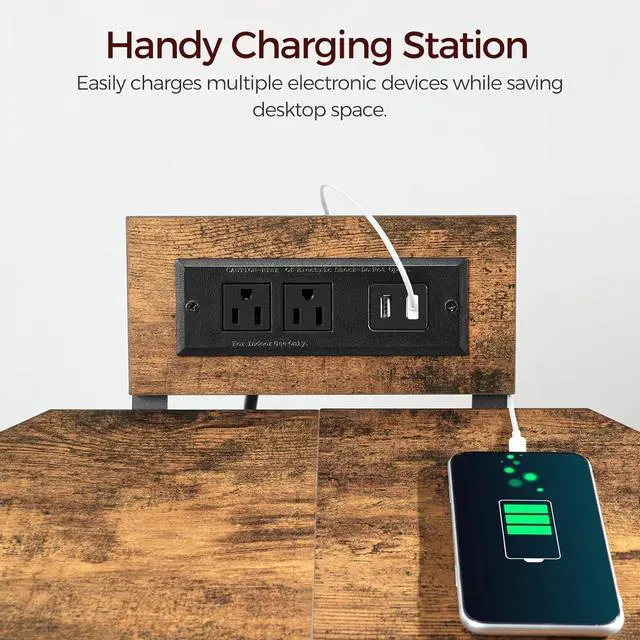 Alt view image 5 of 7 - Corner Printer Stand with Charging Station, 3-Tier Large Printer Table with Adjustable Feet, Metal Frame Storage Shelf for Office, Living Room, Small Space, Rustic Brown PTHR14E01