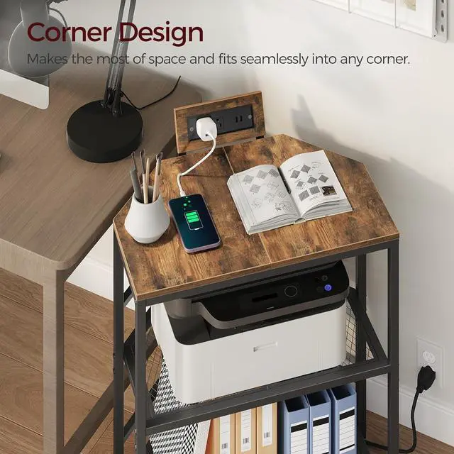 Alt view image 6 of 7 - Corner Printer Stand with Charging Station, 3-Tier Large Printer Table with Adjustable Feet, Metal Frame Storage Shelf for Office, Living Room, Small Space, Rustic Brown PTHR14E01