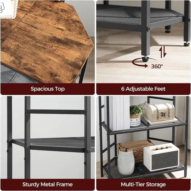 Alt view image 7 of 7 - Corner Printer Stand with Charging Station, 3-Tier Large Printer Table with Adjustable Feet, Metal Frame Storage Shelf for Office, Living Room, Small Space, Rustic Brown PTHR14E01