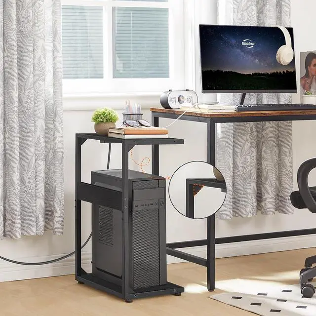 Alt view image 2 of 7 - Computer Tower Stand, PC Stand with Charging Station, 2-Tier PC Tower Stand with Locking Caster Wheels, CPU Stand Fits Most PCs, PC Stand for Floor, for Home Office Rustic Brown BF01UCJ01G1