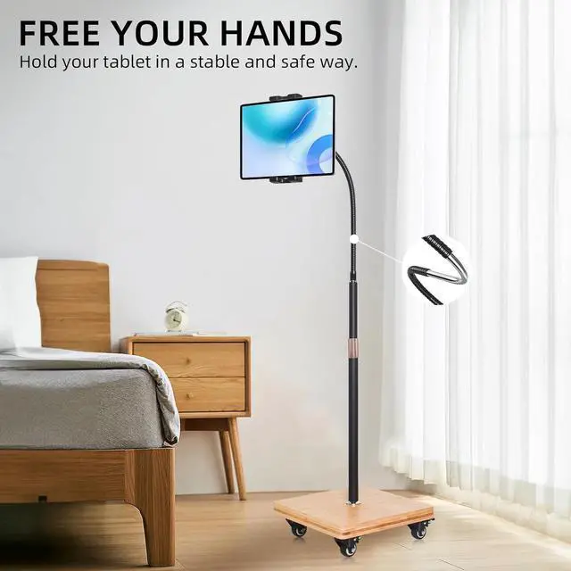 Alt view image 2 of 7 - Tablet Floor Stand for Bed - Gooseneck Tablet Holder Mount with Adjustable Height and 4 Wheels, Compatible with iPad mini Air Pro 12.9/9.7, Galaxy Tab, Kindle, Cell Phones (4.7"-13")