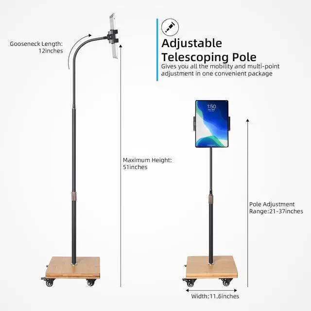 Alt view image 6 of 7 - Tablet Floor Stand for Bed - Gooseneck Tablet Holder Mount with Adjustable Height and 4 Wheels, Compatible with iPad mini Air Pro 12.9/9.7, Galaxy Tab, Kindle, Cell Phones (4.7"-13")