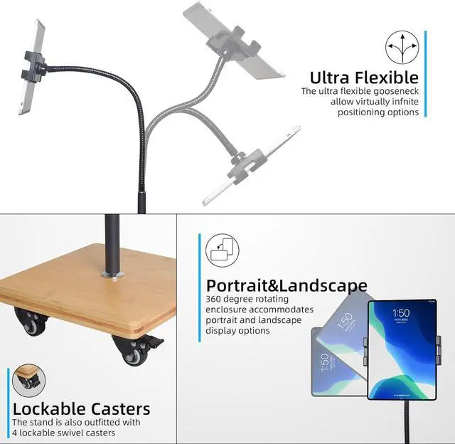 Alt view image 7 of 7 - Tablet Floor Stand for Bed - Gooseneck Tablet Holder Mount with Adjustable Height and 4 Wheels, Compatible with iPad mini Air Pro 12.9/9.7, Galaxy Tab, Kindle, Cell Phones (4.7"-13")