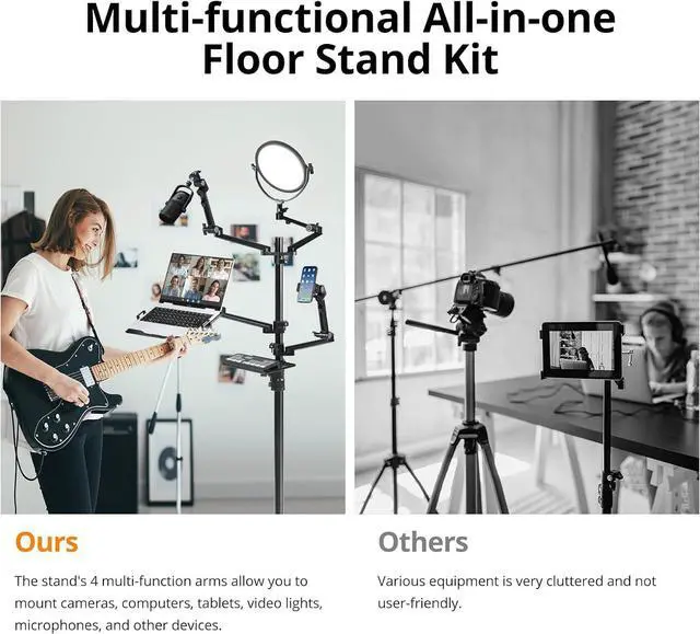 Alt view image 2 of 7 - GVM 5-in-1 Movable Live Streaming Floor Stand Kit with Wheels, Overhead Camera Mount with 10" LED Key Light/Mic Boom Arm/Tablet Laptop Phone Stand/Tray for Live Broadcast Podcast Video Recording Game