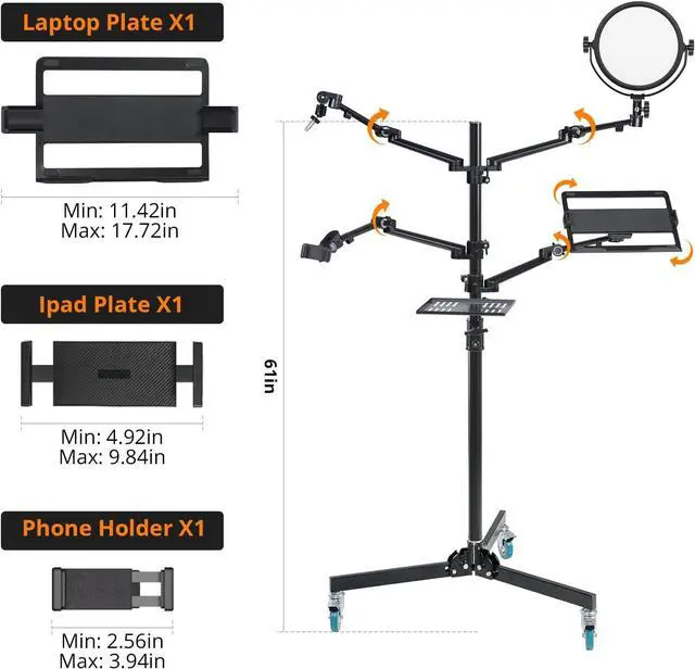 Alt view image 4 of 7 - GVM 5-in-1 Movable Live Streaming Floor Stand Kit with Wheels, Overhead Camera Mount with 10" LED Key Light/Mic Boom Arm/Tablet Laptop Phone Stand/Tray for Live Broadcast Podcast Video Recording Game