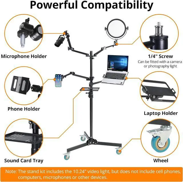 Alt view image 5 of 7 - GVM 5-in-1 Movable Live Streaming Floor Stand Kit with Wheels, Overhead Camera Mount with 10" LED Key Light/Mic Boom Arm/Tablet Laptop Phone Stand/Tray for Live Broadcast Podcast Video Recording Game