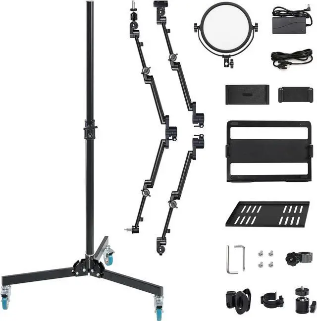 Alt view image 7 of 7 - GVM 5-in-1 Movable Live Streaming Floor Stand Kit with Wheels, Overhead Camera Mount with 10" LED Key Light/Mic Boom Arm/Tablet Laptop Phone Stand/Tray for Live Broadcast Podcast Video Recording Game