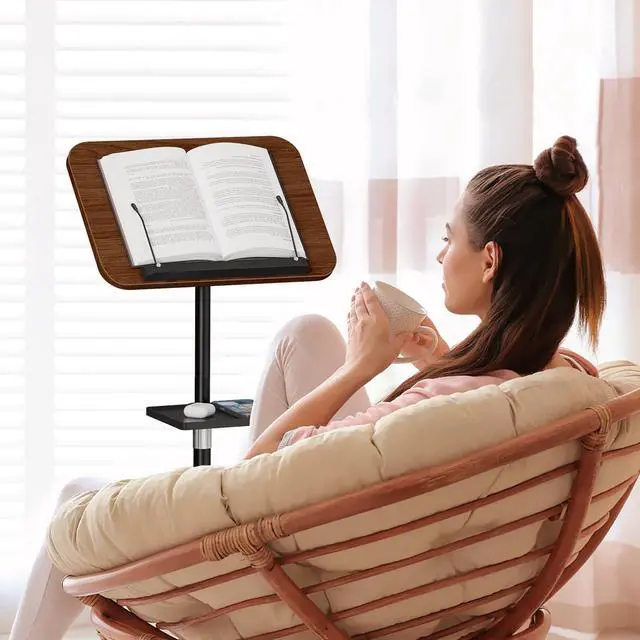 Alt view image 2 of 7 - Floor Book Stand with Removable Tray, Wood Standing Book Stand for Reading, Height Adjustment 21"-51", Music Stand Cookbook Stand Textbook Stand Laptop Stand Book Holder for Display