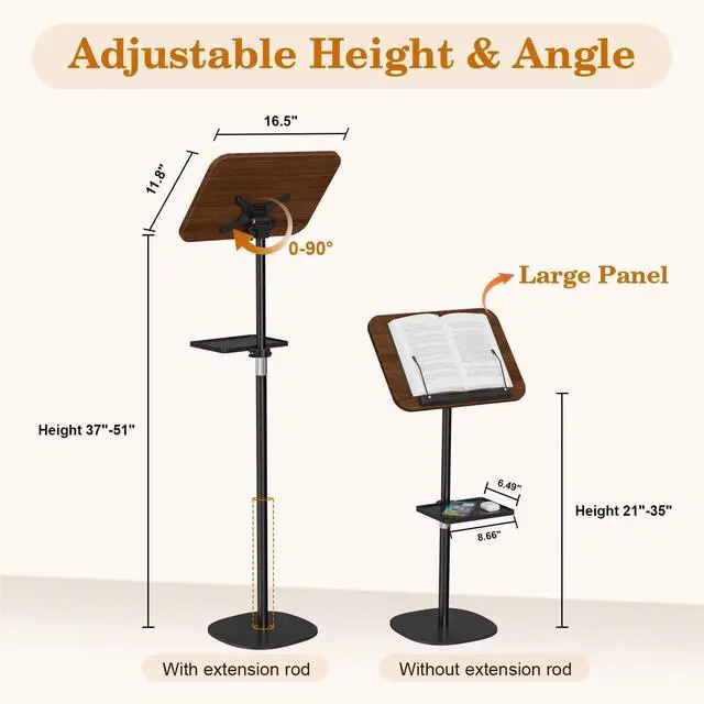 Alt view image 5 of 7 - Floor Book Stand with Removable Tray, Wood Standing Book Stand for Reading, Height Adjustment 21"-51", Music Stand Cookbook Stand Textbook Stand Laptop Stand Book Holder for Display
