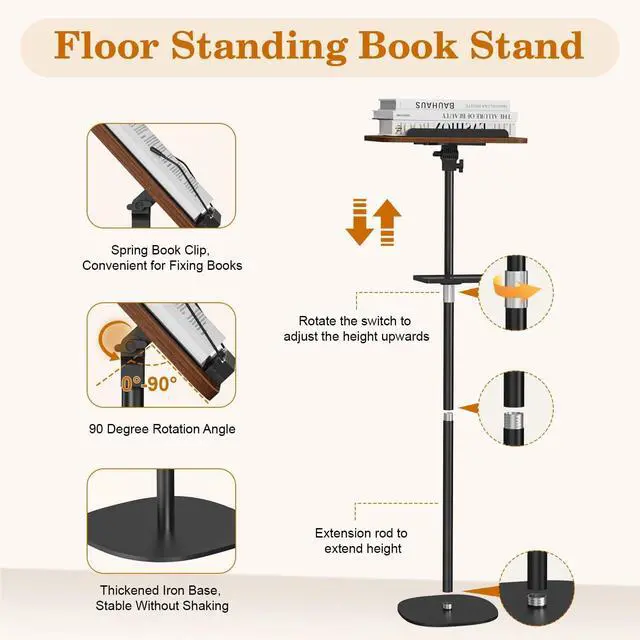 Alt view image 6 of 7 - Floor Book Stand with Removable Tray, Wood Standing Book Stand for Reading, Height Adjustment 21"-51", Music Stand Cookbook Stand Textbook Stand Laptop Stand Book Holder for Display