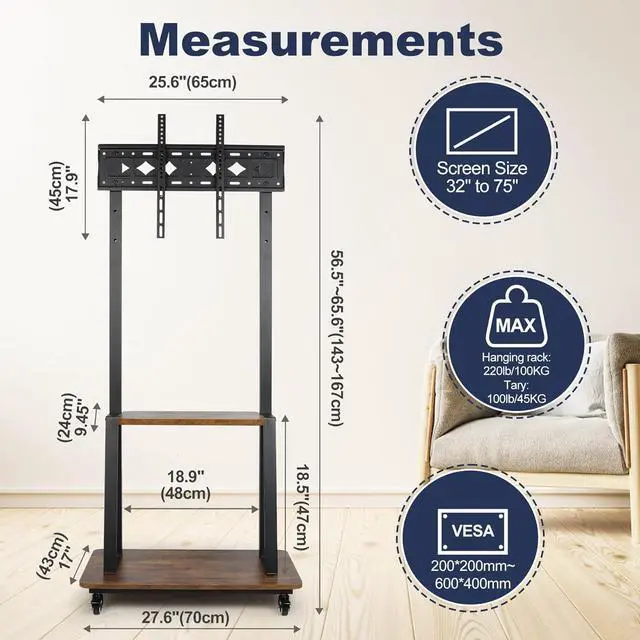 Alt view image 5 of 6 - Mobile TV Stand with Wheels for 32-75 Inch Flat Curved Led/LCD/OLED Rolling TV Cart with Laptop Wood Shelf Height Adjustable Heavy-Duty Portable Floor TV Stand Holds up to 100lbs Black