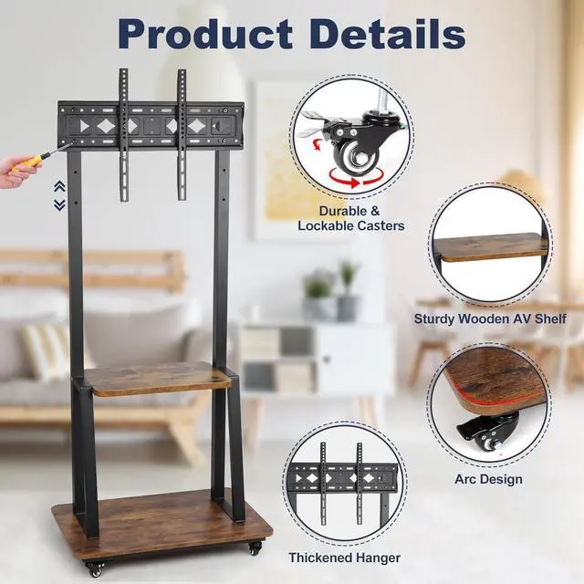 Alt view image 6 of 6 - Mobile TV Stand with Wheels for 32-75 Inch Flat Curved Led/LCD/OLED Rolling TV Cart with Laptop Wood Shelf Height Adjustable Heavy-Duty Portable Floor TV Stand Holds up to 100lbs Black