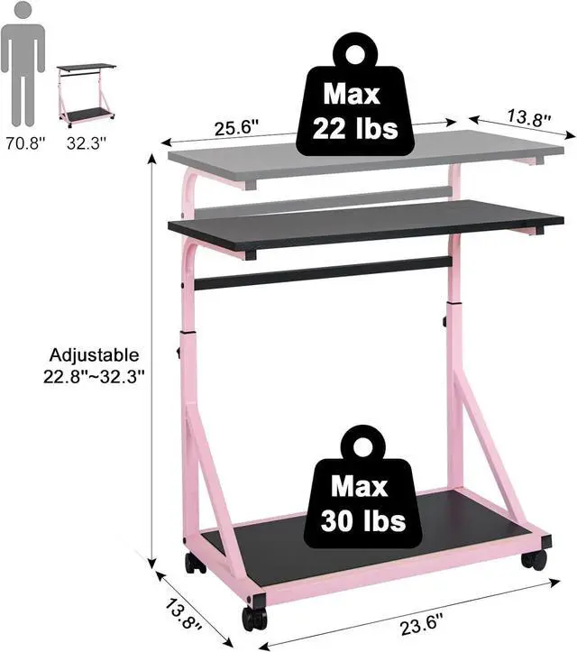 Alt view image 3 of 7 - Computer Tower Stand, 2-Tier CPU Holder with Lockable Wheels, Adjustable Height PC Stand for Floor, Mobile PC Laptop Standing Table for Home Office (Black and Pink)