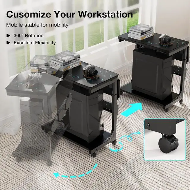 Alt view image 3 of 7 - Height Adjust Computer Tower Stand, 2-Tier PC Stand CPU Holder Under Desk Gaming Case C w/Rolling Wheels & Mouse Pad, Folding End T Mobile Laptop Desk