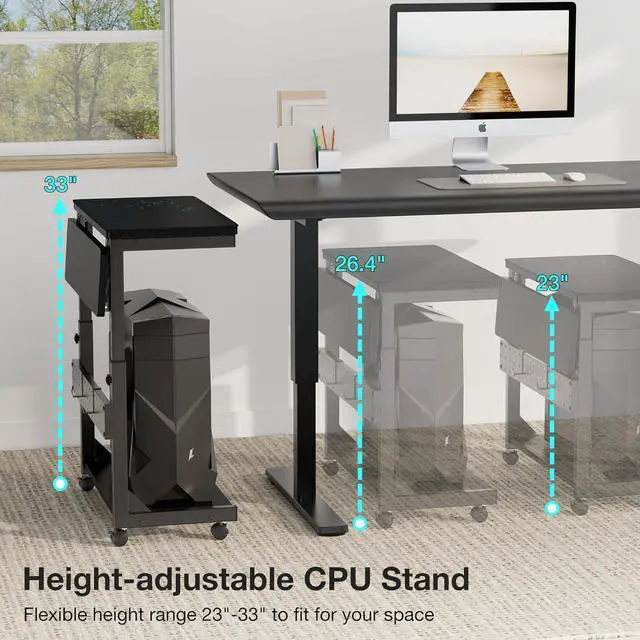 Alt view image 4 of 7 - Height Adjust Computer Tower Stand, 2-Tier PC Stand CPU Holder Under Desk Gaming Case C w/Rolling Wheels & Mouse Pad, Folding End T Mobile Laptop Desk
