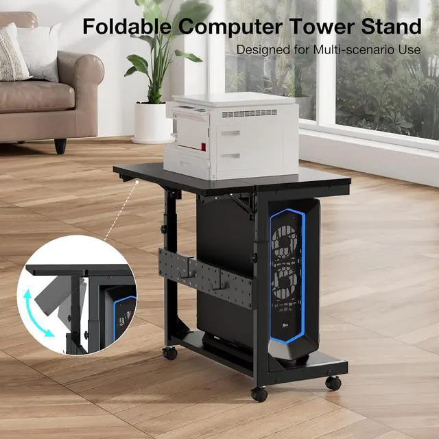 Alt view image 5 of 7 - Height Adjust Computer Tower Stand, 2-Tier PC Stand CPU Holder Under Desk Gaming Case C w/Rolling Wheels & Mouse Pad, Folding End T Mobile Laptop Desk