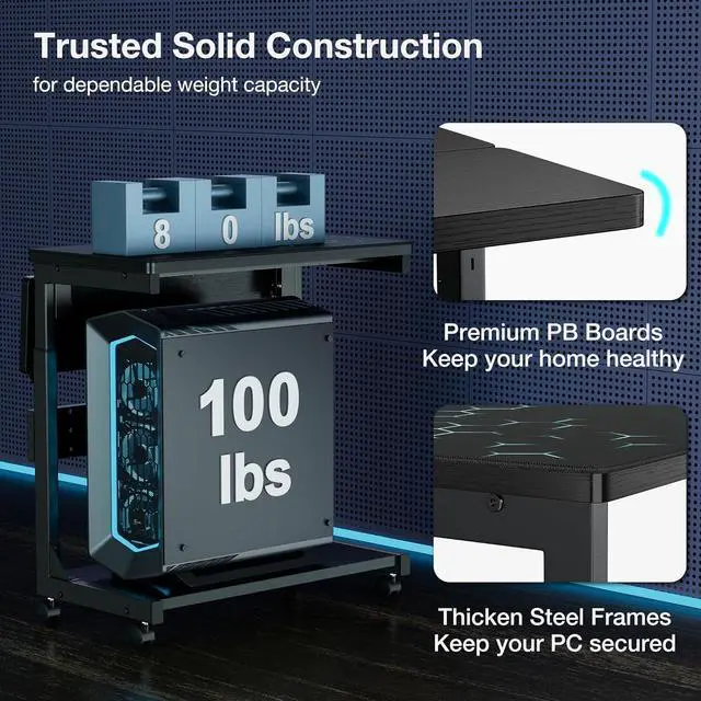 Alt view image 7 of 7 - Height Adjust Computer Tower Stand, 2-Tier PC Stand CPU Holder Under Desk Gaming Case C w/Rolling Wheels & Mouse Pad, Folding End T Mobile Laptop Desk