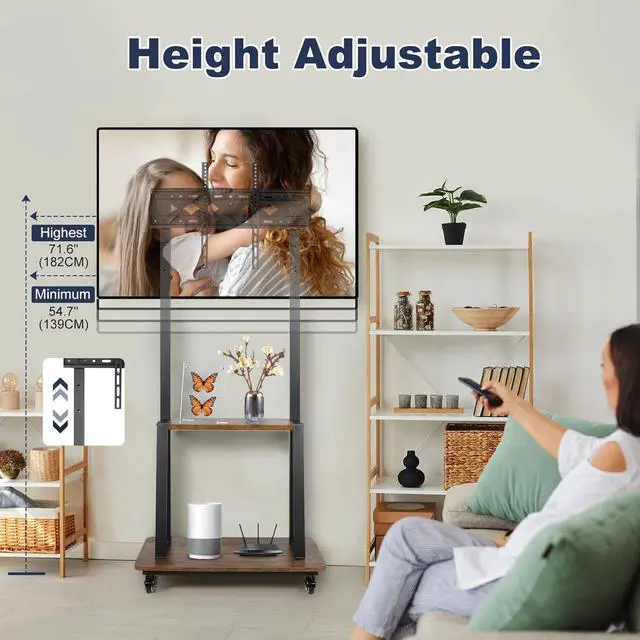 Alt view image 3 of 6 - Mobile TV Stand with Wheels for 32-75 Inch Flat Curved Led/LCD/OLED Rolling TV Cart with Laptop Wood Shelf Height Adjustable Heavy-Duty Portable Floor TV Stand Holds up to 100lbs Black