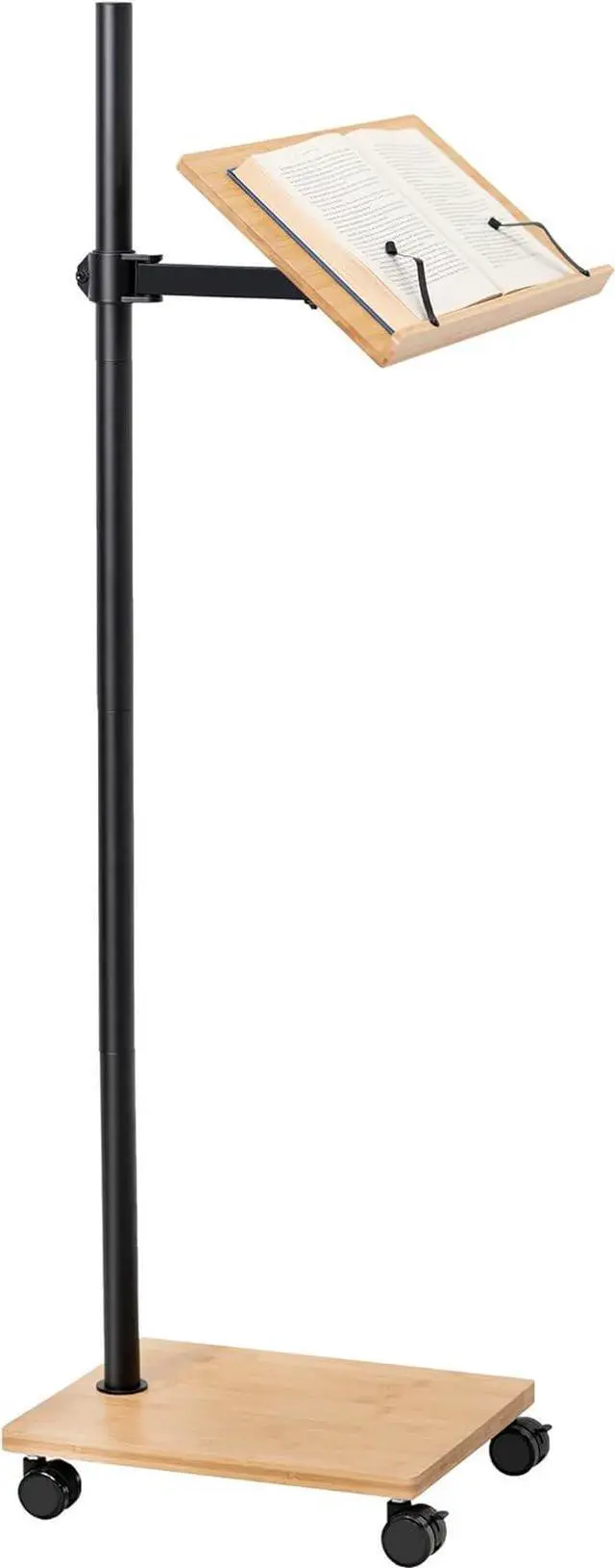 Main image of Mobile 16 inch Mobile Podium Reading Stand, Portable Rolling Book Holder, Real Bamboo Surfaces and Black Pole, CART-BK01B
