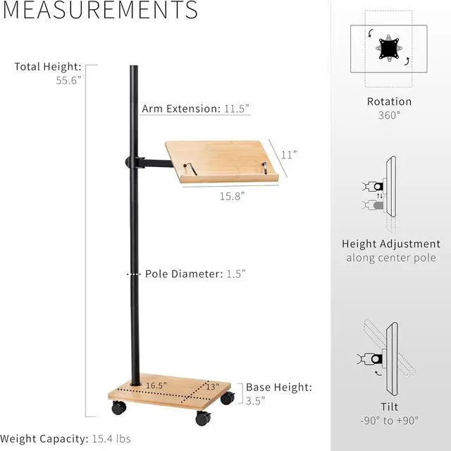 Alt view image 3 of 7 - Mobile 16 inch Mobile Podium Reading Stand, Portable Rolling Book Holder, Real Bamboo Surfaces and Black Pole, CART-BK01B