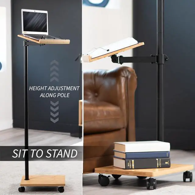Alt view image 5 of 7 - Mobile 16 inch Mobile Podium Reading Stand, Portable Rolling Book Holder, Real Bamboo Surfaces and Black Pole, CART-BK01B