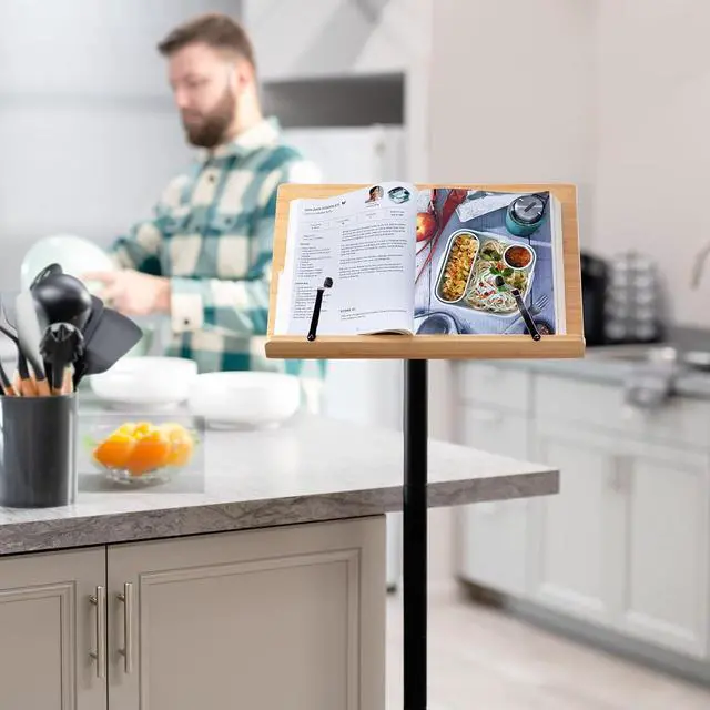 Alt view image 7 of 7 - Mobile 16 inch Mobile Podium Reading Stand, Portable Rolling Book Holder, Real Bamboo Surfaces and Black Pole, CART-BK01B