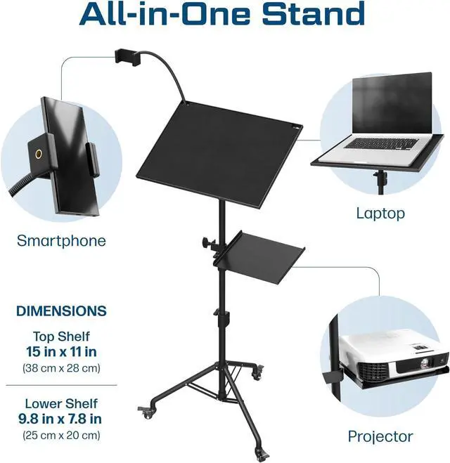 Alt view image 2 of 7 - Projector Stand Tripod Laptop Tripod with Wheels & Adjustae Height Portae Podium Stand with Phone Holder Projector Holder for Home, Office, School & DJ Matte ack