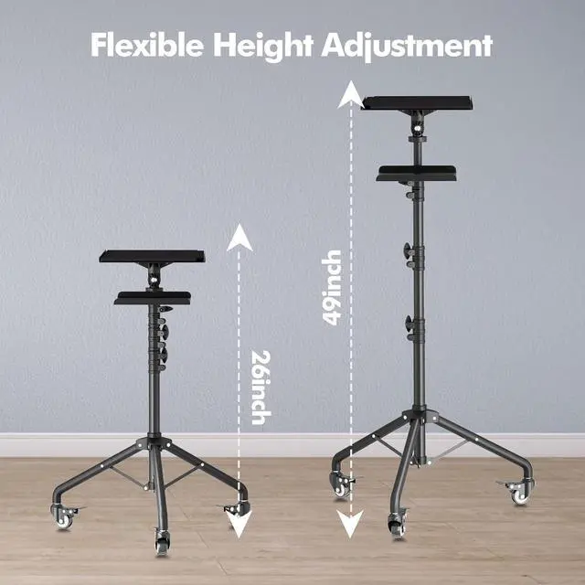 Alt view image 3 of 7 - Projector Stand Tripod Laptop Tripod on Wheels with 2 Shelves, Adjustable Height 26 to 49 Inch Portable Podium Stand with Gooseneck Phone Holder for Office, School, Home, DJ Racks
