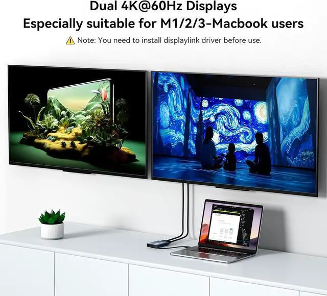 Alt view image 3 of 7 - USB C to Dual HDMI DisplayLink Adapter, 4K@60Hz, 2 HDMI & 3 USB-A Ports, 100W PD Charging, USB C DisplayLink Docking Station for Mac M1/M2/M3/Windows,USB A/C to Dual Monitor Adapter