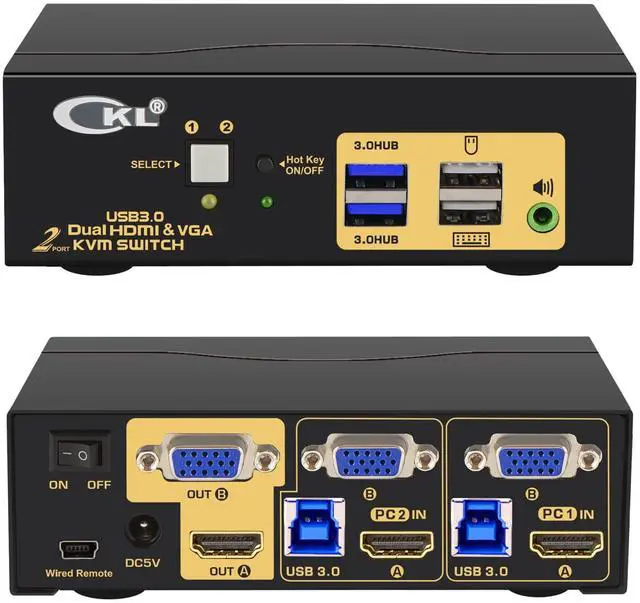 Main image of KVM Switch Dual Monitor HDMI 4K@60Hz + VGA (2 Monitors 2 Computers 922HV-3) for Home and Office to Console Desktops/Laptops, Support USB 3.0, Hot Key, Audio, Wireless Keyboard and Mouse