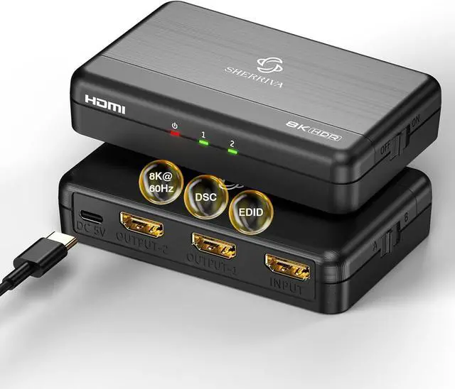 Main image of 8K HDMI Splitter 1x2  1 in 2 Out, 8K@60Hz, 4K@240Hz (DSC), HDCP 2.3, 48Gbps, EDID, Auto Downscaling, Duplicate/Mirror Screens, Compatible with Dual Monitors, TV, PS5, Amplifier