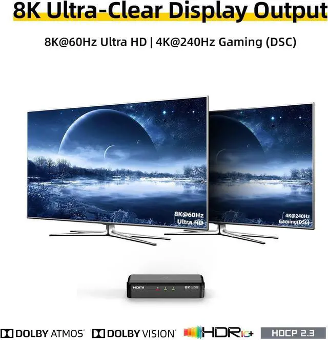Alt view image 2 of 7 - 8K HDMI Splitter 1x2  1 in 2 Out, 8K@60Hz, 4K@240Hz (DSC), HDCP 2.3, 48Gbps, EDID, Auto Downscaling, Duplicate/Mirror Screens, Compatible with Dual Monitors, TV, PS5, Amplifier