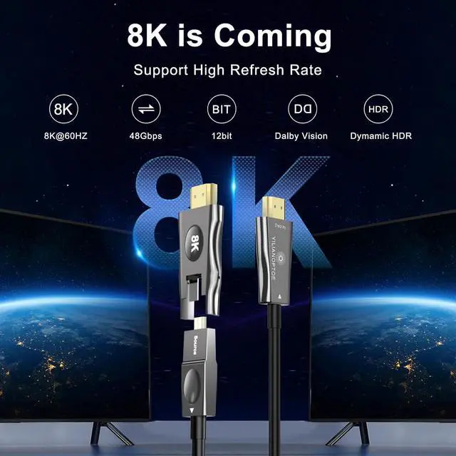 Alt view image 5 of 7 - 8K Detachable Fiber Optic HDMI Cable 50ft,Long HDMI 2.1 Cable,Ultra High Speed Fiber HDMI Cord,48Gbps,8K@60Hz 4K@120Hz, for PS4/PS5, Xbox X/S, Monitor,Projector in Wall Wiring
