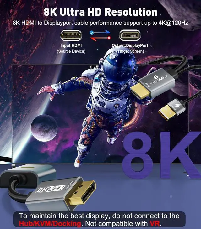 Alt view image 2 of 7 - 8K HDMI to DisplayPort Cable 6 FT (4K@120Hz,2K@144Hz) Uni-Directional HDMI to Display Port Adapter Active Source to DP (Monitor) Cord Compatible PC, Graphics Card, Laptops, PS5