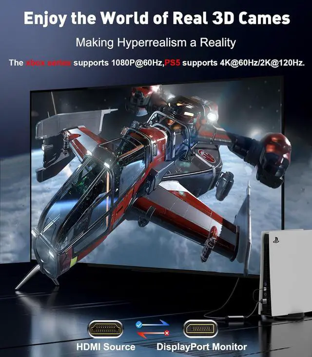 Alt view image 4 of 7 - 8K HDMI to DisplayPort Cable 6 FT (4K@120Hz,2K@144Hz) Uni-Directional HDMI to Display Port Adapter Active Source to DP (Monitor) Cord Compatible PC, Graphics Card, Laptops, PS5