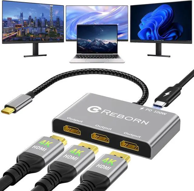 Main image of USB-C to 3 HDMI Adapter with 100W PD, 4K@60Hz USB Type-C to HDMI 1 in 3 Out Splitter for 3-Port USB-C Multi-Monitor Adapter, Compatible with PC/macOS/Linux and More