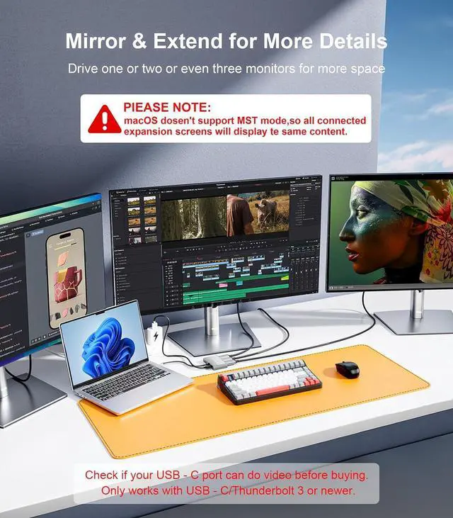 Alt view image 4 of 7 - USB-C to 3 HDMI Adapter with 100W PD, 4K@60Hz USB Type-C to HDMI 1 in 3 Out Splitter for 3-Port USB-C Multi-Monitor Adapter, Compatible with PC/macOS/Linux and More